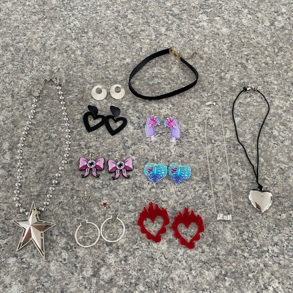 Assorted Jewelry Set with Silver, Black, and Red Accents